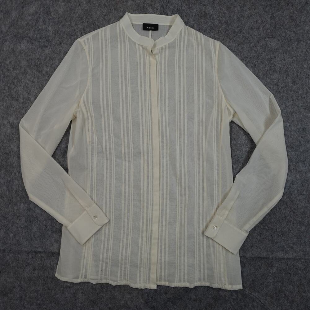 Akris Top Womens 6 Cotton Blouse Pintuck Front Victorian Band Collar Sheer Ivory